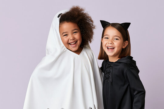 Two happy young girls in Halloween costumes, one dressed as a ghost and the other as a black cat, smiling at the camera with excitement.