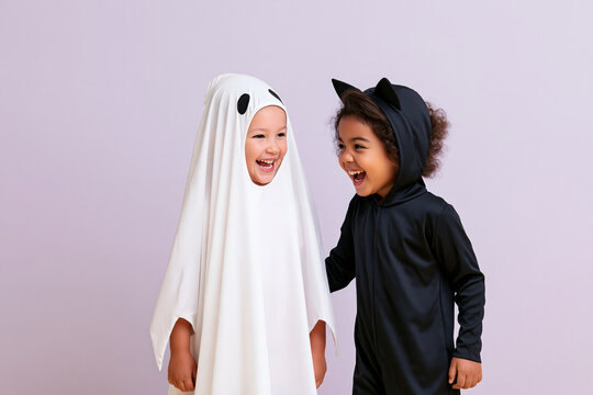 Two adorable children dressed as a ghost and a cat share a laugh, their playful costumes hinting at the spooky fun of Halloween.