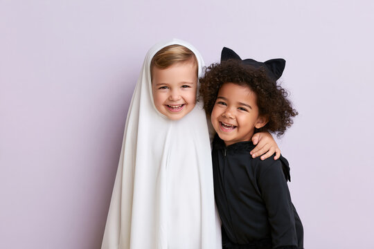 Two joyful children, one dressed as a playful ghost and the other as a cute black cat, share a heartwarming hug, embodying the spirit of innocent fun and childhood friendship on a pastel background.