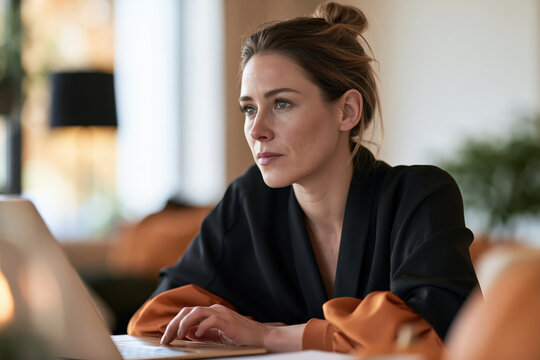 A focused woman wearing a casual robe sits at a desk, her attention fixed on a laptop screen, bathed in soft, natural light. Her hair is styled in a simple bun, and the background suggests a cozy.