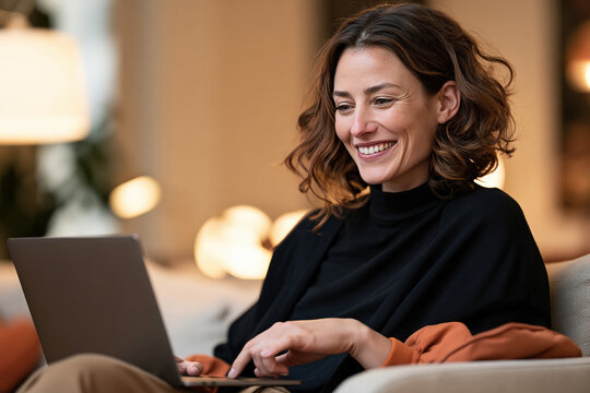 A smiling woman with a laptop enjoys a moment of productive leisure, her warm expression suggesting satisfaction and engagement.