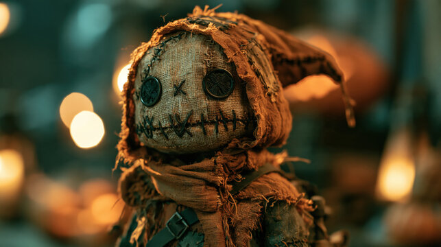 A creepy burlap doll with button eyes and a stitched smile sits in a dimly lit setting, exuding an eerie aura perfect for Halloween themes.