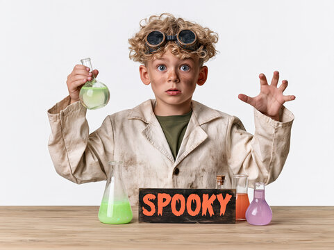 A young scientist with wild curly hair and goggles experiments with glowing liquids, a look of surprise and excitement on his face, as he sits behind a table with flasks and a SPOOKY sign.