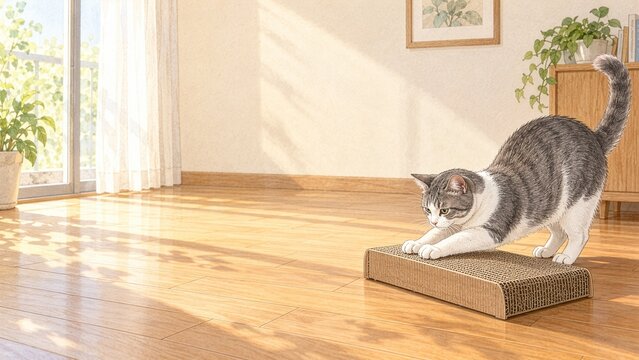 段ボールの爪とぎ板でのびをする猫のイラスト