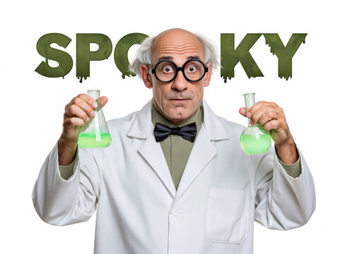A mad scientist with dishevelled hair and round glasses holds two bubbling flasks, one in each hand, under the word SPOOKY dripping with slime.