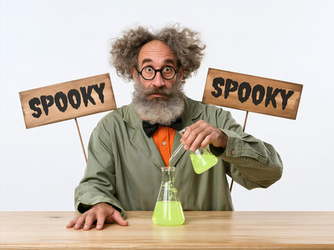 A mad scientist with wild hair and glasses, surrounded by eerie Spooky signs, is engrossed in a glowing green experiment, hinting at a chaotic laboratory.