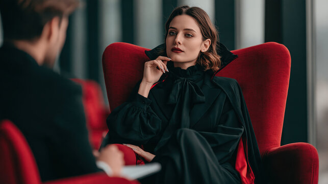 A captivating woman with pale skin and dark, alluring eyes, dressed in a gothic vampire costume with a high collar and flowing cape, sits regally in a plush red armchair.