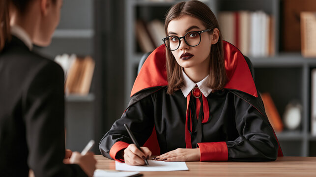 A young woman dressed as a vampire, wearing a red-lined cape and glasses, sits at a desk writing, with another person in front of her.