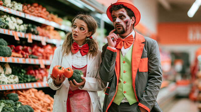 Two people in zombie makeup and costumes browse the produce section of a supermarket, looking confused and bewildered as they hold vegetables.