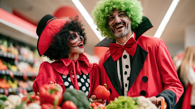 A happy couple dressed in vibrant, playful costumes, complete with whimsical wigs and bold makeup, enjoys a shopping trip in a brightly lit grocery store.