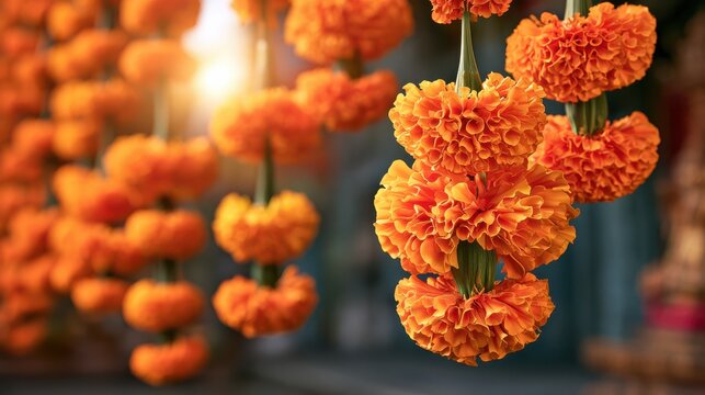 A vibrant traditional floral garland made with marigold flowers, symbolizing celebration, festivity, and cultural heritage in a beautifully crafted arrangement.