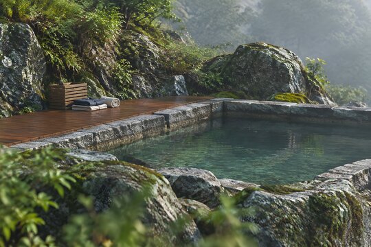 Granite stone bathing pool set into a hillside with an ipe plank platform along one edge