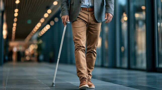 A visually impaired person confidently walking with a white cane, demonstrating independence and mobility in an outdoor urban environment.