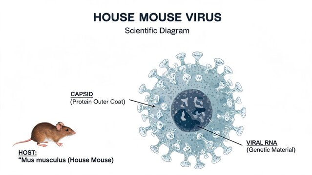 House Mouse Virus Scientific Diagram, Viral Capsid and Viral RNA Structure Illustration, Mus musculus Rodent Host Virus