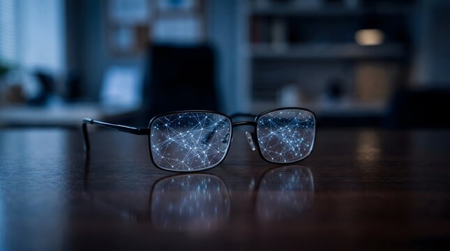 Smart glasses with glowing network lenses. Augmented reality, artificial intelligence, digital vision. Eyeglasses on wooden desk, blurred office. Insight, foresight, innovation, futuristic technology 