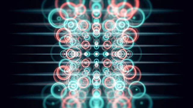 黒背景の宇宙空間に浮かぶ光子リングとノードが発光しながら上昇するCGループ動画背景