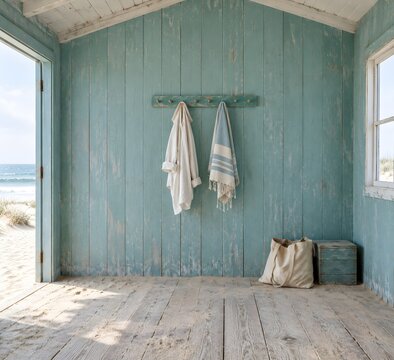 Weathered teal peg rail on a beach hut wall holding a loose cotton shirt slipping from its hook