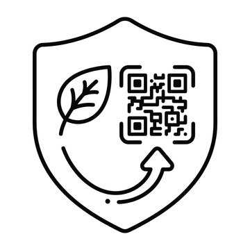 Organic food traceability and QR code verification shield line icon for product safety

