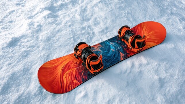 Close-up of a premium snowboard featuring a vibrant and detailed graphic design, highlighting quality craftsmanship and style for winter sports enthusiasts.