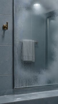 Fogged bathroom mirror with condensation droplets beside a brass wall hook