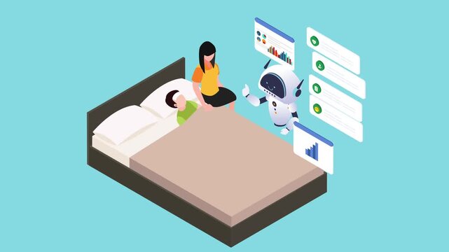AI Robot Assistant Monitoring Sick Patient Patient Healthcare at Home 3d animation cartoon