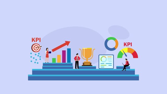 Key Performance Indicator KPI Business Concept with Team Analyzing Data, Growth Chart, Trophy, and Meter cartoon animation