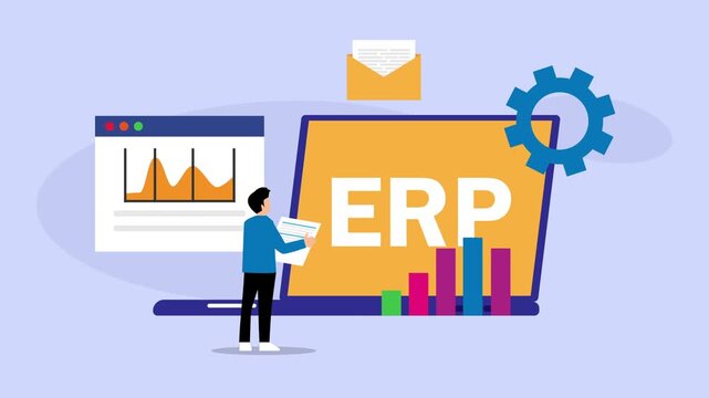 Enterprise Resource Planning ERP System Concept with Business Analytics, Laptop Dashboard, Data Chart, Gear, and Professional Analyst cartoon animation