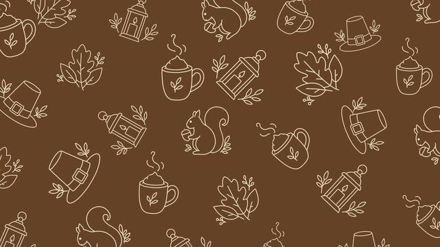 Cozy Thanksgiving doodle pattern: pilgrim hat, squirrel with acorn, lantern, hot cocoa mug, autumn leaves. Seamless loop, cream line art on brown.