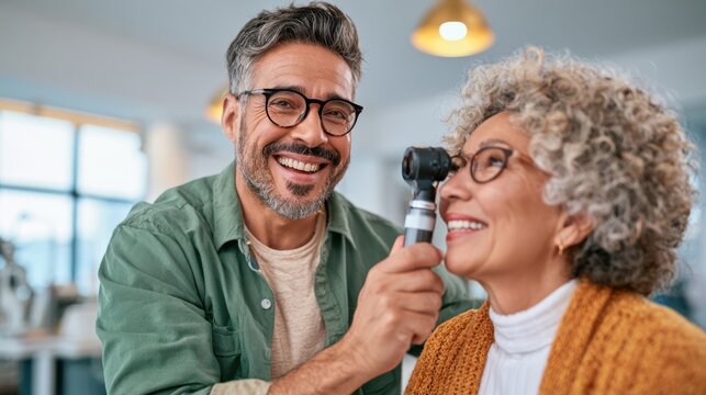 An optometrist examines a patient's eye using an ophthalmoscope in a clinical setting, highlighting eye care and vision health procedures.