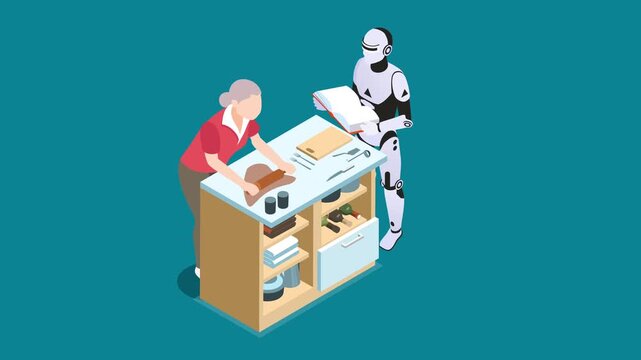 Robot Assistant Helping Senior Woman Baking and Reading Recipe in Kitchen 3d animation cartoon