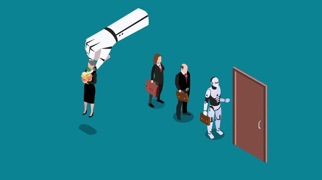 AI Replacing Human Workers Giant Robotic Hand Firing Employees for Robot 3d animation cartoon