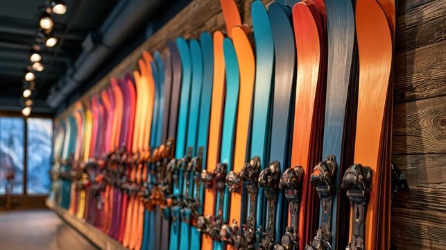 Rows of modern, colorful downhill skis and snowboards displayed vertically in a retail setting, showcasing a variety of designs and brands for winter sports enthusiasts.