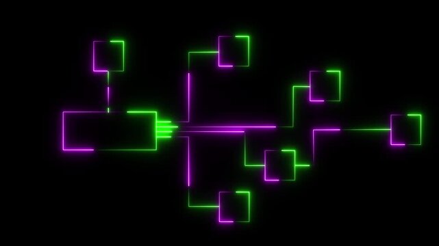 Neon Start Button with Green and Purple Geometric Lines on Black Background light glowing 4k vedio