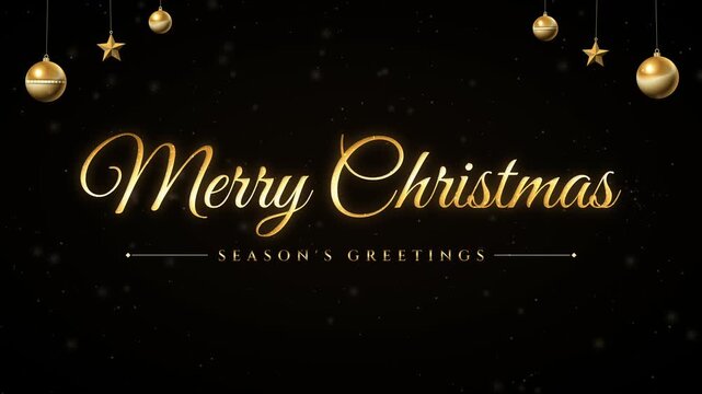 Merry Christmas gold script text writing on black with hanging gold baubles and stars, Season's Greetings elegant greeting
