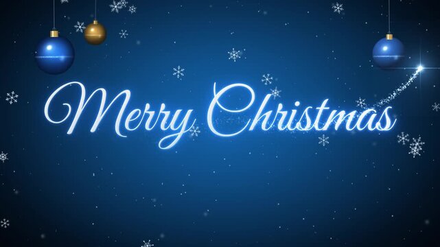 Merry Christmas glowing white script text written by light on royal blue with falling snowflakes and hanging baubles