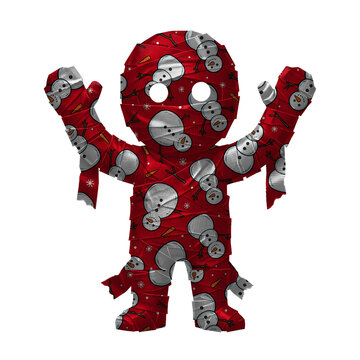 Funny snowman mummy character wrapped in red holiday ribbon with white snowflakes and cartoon snowmen pattern isolated on a white background