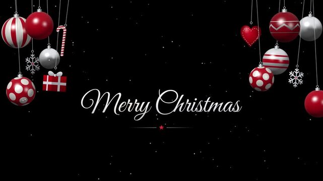Merry Christmas script text with hanging red, white and silver ornaments, candy canes and hearts on black background