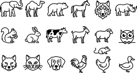 Obraz premium Domestic Farm Animals and Wild Creatures Line Icon Set Featuring Elephant Camel Bear Horse Wolf Cow Sheep Owl Cat and Dog Symbols for Educational Children Designs