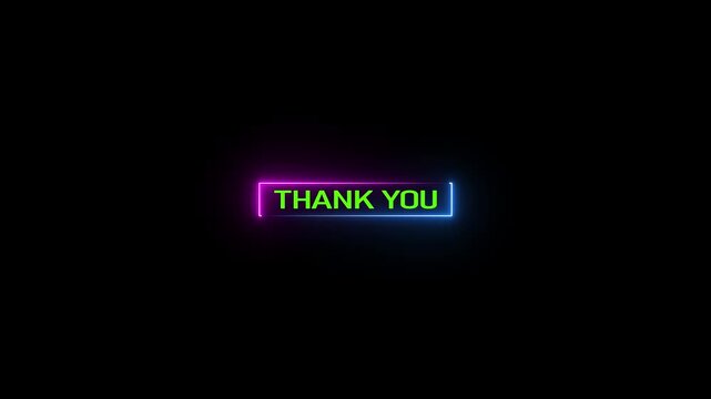 A rectangular neon sign displaying the words THANKYOU in vibrant green text with a pink and blue gradient outline against a dark black background, suggesting a modern digital interface or