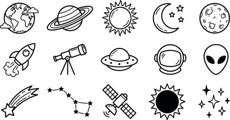 Outer Space and Astronomy Line Icon Set Featuring Planets Rocket Telescope UFO Astronaut Alien Satellite Constellation and Cosmic Universe Outline Symbols © MdAbul