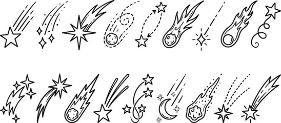 Shooting Star and Comet Line Icon Set Featuring Falling Asteroids Meteorites Falling Stars Space Trails Fireballs and Cosmic Astronomy Graphic Symbols © MdAbul