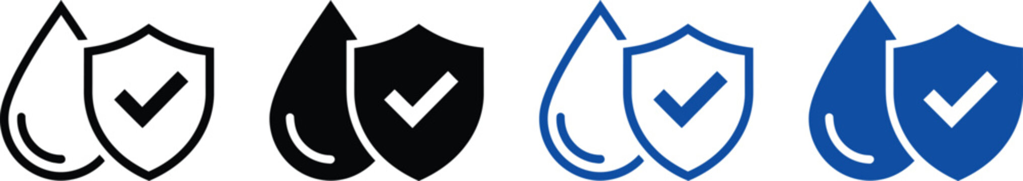 Set of water drop icons with protection shield and checkmark shield icon water resistance waterproof checkmark security collection interface