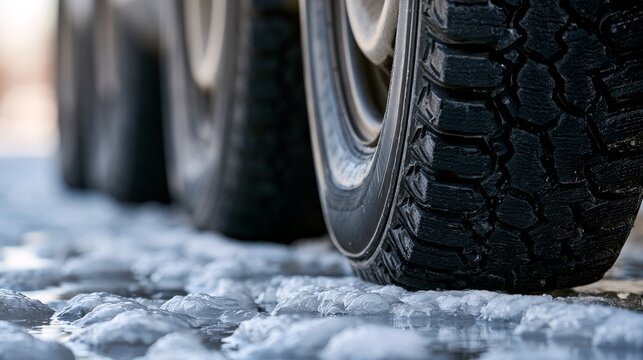Car tires with deep tread profile on ice covered asphalt, showing winter tyres performance, traction, vehicle safety, cold weather driving and automotive maintenance concept