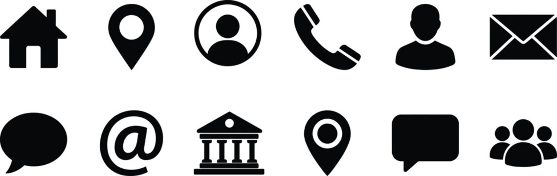 Business contact and navigation icons for website or application interface with web interface location marker user icon email icon speech bubbl