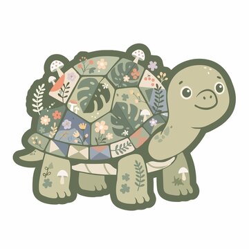 Flat vector die-cut sticker of a cute patchwork tortoise with floral shell, mushrooms and monstera leaves on white background