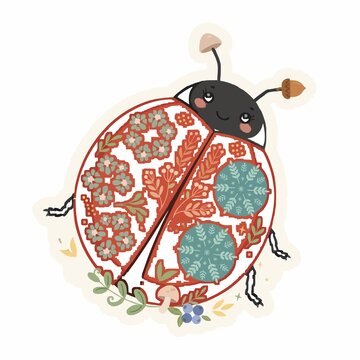 Flat vector die-cut sticker of a cute ladybug with floral-patterned red shell, acorn, mushroom and berries on white background