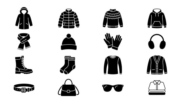 Winter clothing and apparel solid black vector icons set with jackets sweaters and accessories
