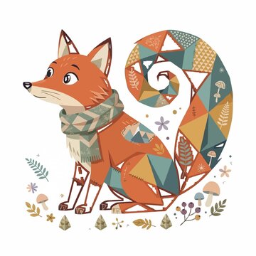Flat vector die-cut sticker of a cute orange fox wearing a patterned scarf with a geometric tail, mushrooms, flowers and leaves on white background