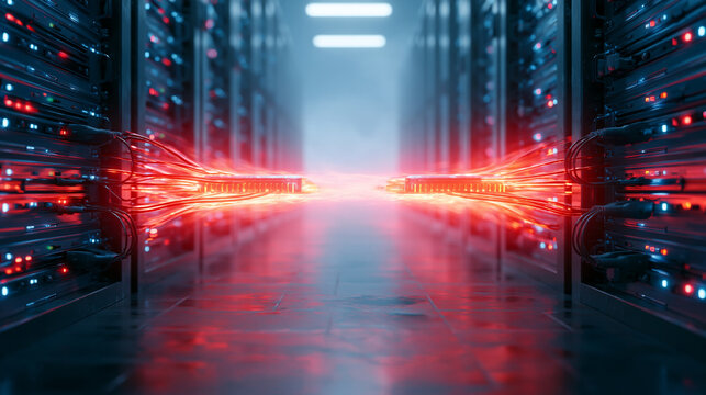 Futuristic data center server racks connected by glowing red energy cables representing high speed network connectivity.