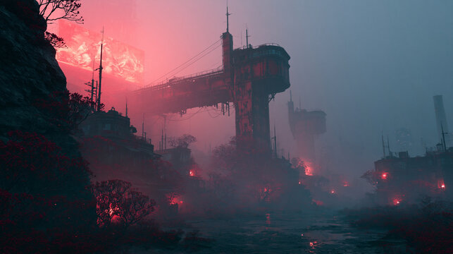 Futuristic dystopian landscape with towering structures, glowing red lights, and misty, moody atmosphere.